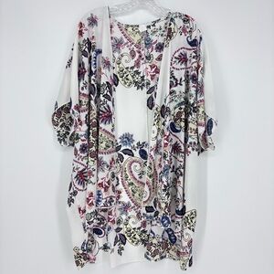 I Joah Kimono Size Large Paisley Floral Semi Sheer Bohemian Cream Blue